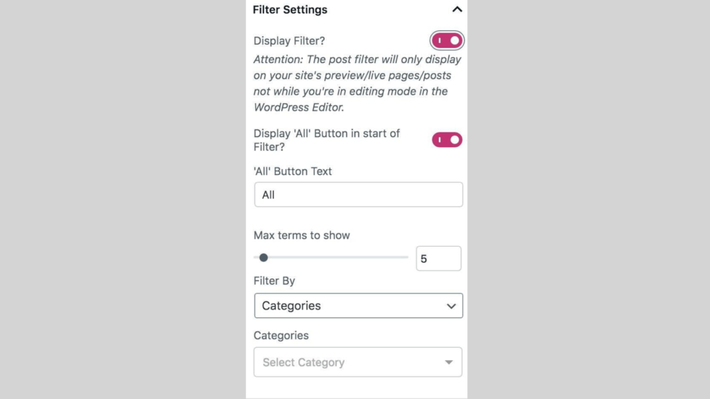 Custom post filter settings for the Guten Post Layout v1.2.0