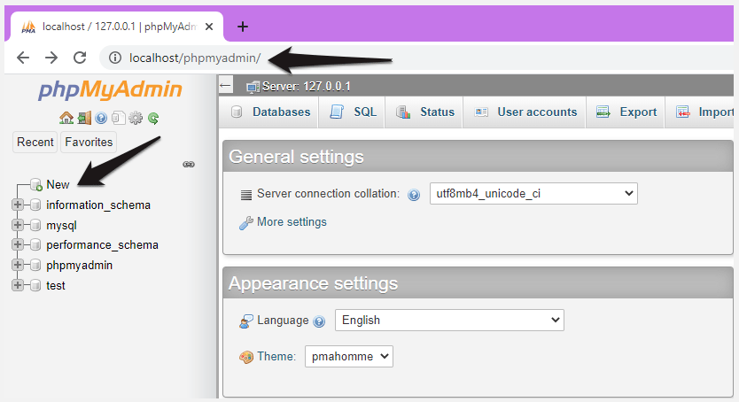 Add a new server in phpmyadmin to install WordPress localhost. 