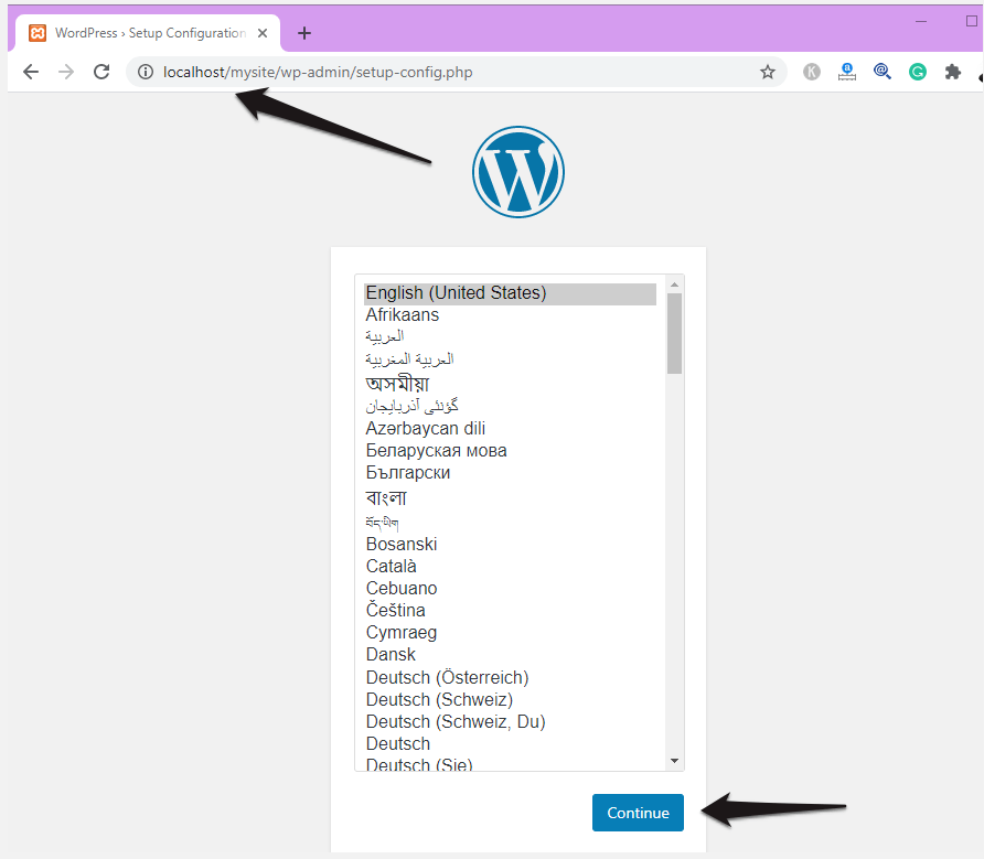 Select the language for your WordPress localhost Installation. 