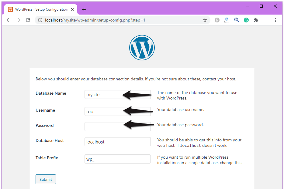 select the database name and password to install WordPress. 