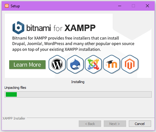 the Xampp installation process is running. 