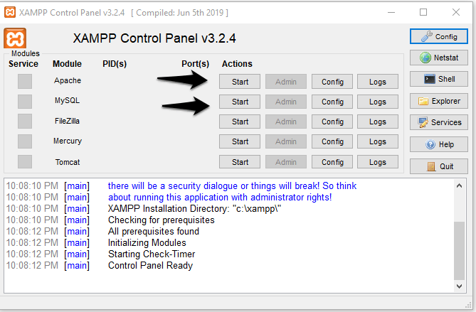 Run the Xampp control panel and activate the Apache and MySQL to set up the environment to install WordPress localhost. 